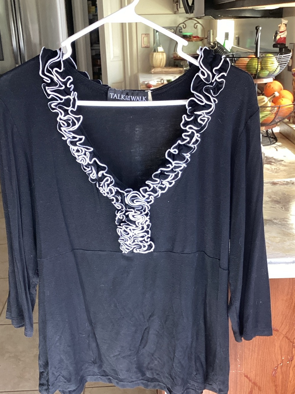 Talk of the Walk Black Long-Sleeve V-Neck Top with White Ruffle Trim